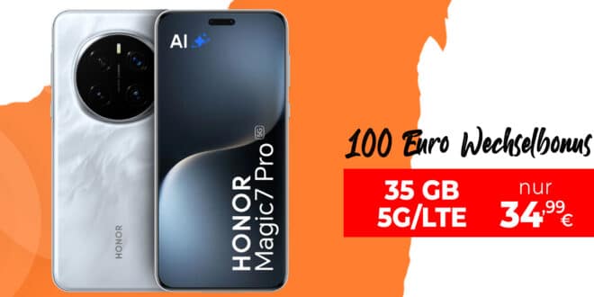 Honor Magic7 Pro 512GB für einmalig 79 Euro mit 35GB Allnet Flat und 100 Euro Wechselbonus nur 34.99 Euro monatlich