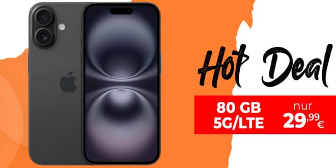 iPhone 16 für einmalig 129.99 Euro mit 80GB Allnet Flat nur 29.99 Euro monatlich - kein Anschlusspreis - DealAmigo.de gibt 8 Euro Cashback