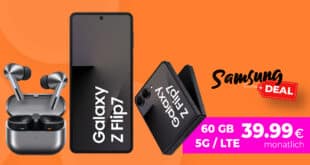 Samsung Galaxy Flip7 & Galaxy Buds 3 Pro für einmalig 149 Euro mit 60GB 5G Allnet Flat und 50 Euro Wechselbonus nur 39.99 Euro monatlich