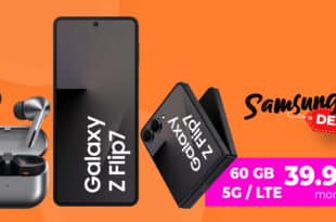 Samsung Galaxy Flip7 & Galaxy Buds 3 Pro für einmalig 149 Euro mit 60GB 5G Allnet Flat und 50 Euro Wechselbonus nur 39.99 Euro monatlich