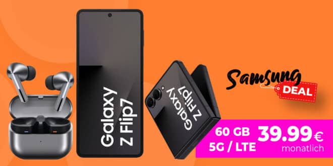 Samsung Galaxy Flip7 & Galaxy Buds 3 Pro für einmalig 149 Euro mit 60GB 5G Allnet Flat und 50 Euro Wechselbonus nur 39.99 Euro monatlich