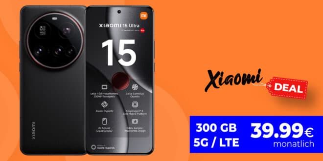 Xiaomi 15 Ultra & 67W HyperCharge Ladegerät für einmalig 79 Euro mit 300GB Allnet Flat und 100 Euro Wechselbonus nur 39.99 Euro monatlich