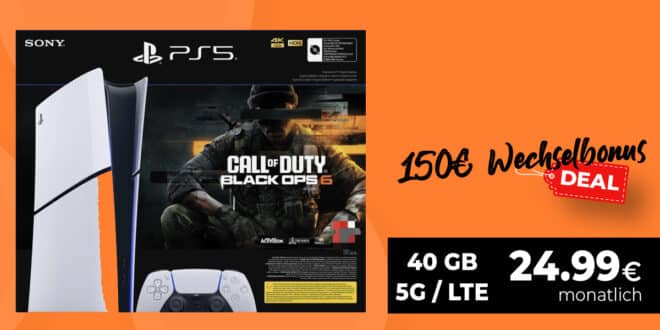 40GB Telekom 5G Allnet Flat mit Sony Playstation 5 Slim PS5 & Call of Duty: Black Ops 6 Bundle und 150 Euro Wechselbonus nur 24.99 Euro monatlich