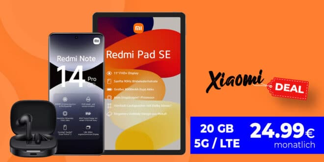 Xiaomi Redmi Note 14 Pro 5G & Redmi Pad SE & Redmi Buds 6 mit 20GB Allnet Flat nur 24.99 Euro monatlich - 30GB nur 25.99 Euro