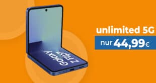 Samsung Galaxy Z Flip7 für einmalig 79 Euro mit unlimited 5G Allnet Flat und 100 Euro Wechselbonus nur 44.99 Euro monatlich