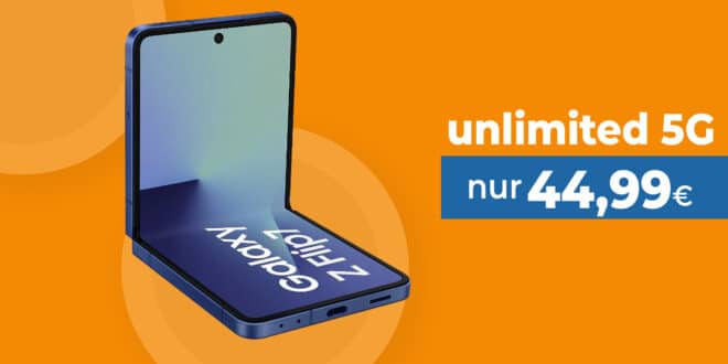 Samsung Galaxy Z Flip7 für einmalig 79 Euro mit unlimited 5G Allnet Flat und 100 Euro Wechselbonus nur 44.99 Euro monatlich