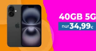 iPhone 16 für einmalig 59 Euro mit 40GB Allnet Flat und 150 Euro Wechselbonus bei Rufnummernmitnahme nur 34.99 Euro monatlich