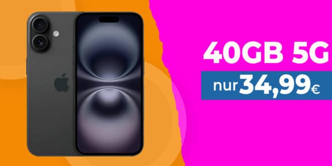 iPhone 16 für einmalig 59 Euro mit 40GB Allnet Flat und 150 Euro Wechselbonus bei Rufnummernmitnahme nur 34.99 Euro monatlich