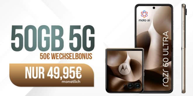 Motorola RAZR 60 Ultra für einmalig 149 Euro mit 50GB Allnet Flat und 50 Euro Wechselbonus für 49.95 Euro monatlich