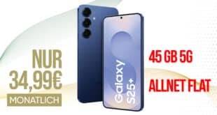 Samsung Galaxy S25+ (S25 Plus) für einmalig 99.95 Euro mit 45GB Allnet Flat und 100 Euro Wechselbonus nur 34.99 Euro monatlich