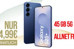 Samsung Galaxy S25+ (S25 Plus) für einmalig 99.95 Euro mit 45GB Allnet Flat und 100 Euro Wechselbonus nur 34.99 Euro monatlich