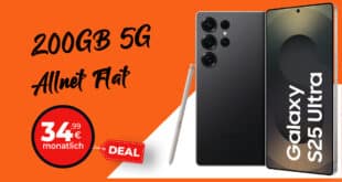 Samsung Galaxy S25 Ultra 512GB für einmalig 281 Euro mit 200GB Allnet Flat und 200 Euro Cashback nur 34.99 Euro monatlich