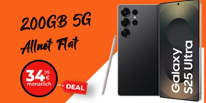 Samsung Galaxy S25 Ultra 512GB für einmalig 281 Euro mit 200GB Allnet Flat und 200 Euro Cashback nur 34.99 Euro monatlich