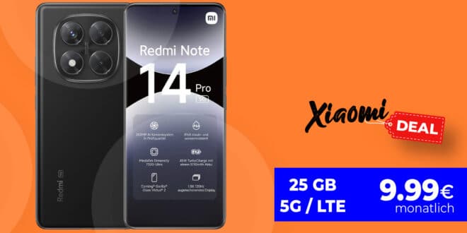 Xiaomi Redmi Note 14 Pro 5G für einmalig 19 Euro mit 25GB Allnet Flat und 30 Euro Wechselbonus nur 9.99 Euro monatlich