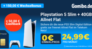 40GB Telekom 5G Allnet Flat mit Sony Playstation 5 Slim PS5 Digital Edition und 150 Euro Wechselbonus und 50 Euro Cashback nur 24.99 Euro monatlich