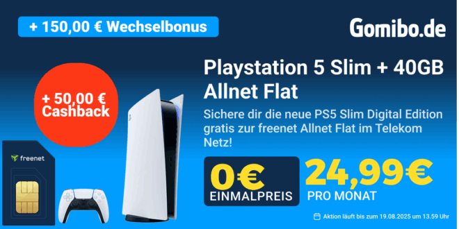 40GB Telekom 5G Allnet Flat mit Sony Playstation 5 Slim PS5 Digital Edition und 150 Euro Wechselbonus und 50 Euro Cashback nur 24.99 Euro monatlich