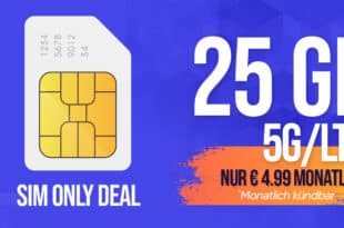 Monatlich kündbar - 25GB 5G Allnet Flat für dauerhaft nur 4.99 Euro monatlich - 9.99€ Anschlusspreis