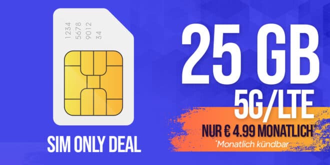 Monatlich kündbar - 25GB 5G Allnet Flat für dauerhaft nur 4.99 Euro monatlich - 9.99€ Anschlusspreis