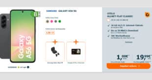 Samsung Galaxy A56 & Galaxy Buds FE mit 50GB Allnet Flat und 50€ Wechselbonus nur 19.99 Euro monatlich - onTOP 30€ Amazon Gutschein