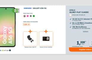 Samsung Galaxy A56 & Galaxy Buds FE mit 50GB Allnet Flat und 50€ Wechselbonus nur 19.99 Euro monatlich - onTOP 30€ Amazon Gutschein