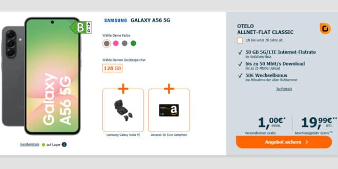 Samsung Galaxy A56 & Galaxy Buds FE mit 50GB Allnet Flat und 50€ Wechselbonus nur 19.99 Euro monatlich - onTOP 30€ Amazon Gutschein
