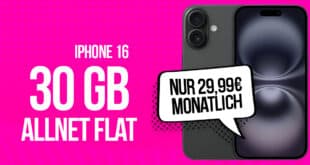 iPhone 16 für einmalig 29 Euro mit 30GB Allnet Flat und 50 Euro Wechselbonus nur 29.99 Euro monatlich