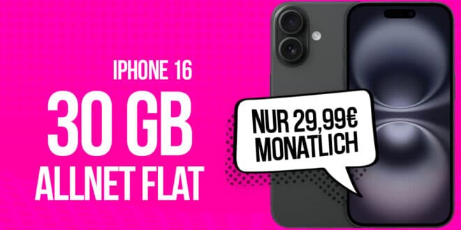 iPhone 16 für einmalig 29 Euro mit 30GB Allnet Flat und 50 Euro Wechselbonus nur 29.99 Euro monatlich