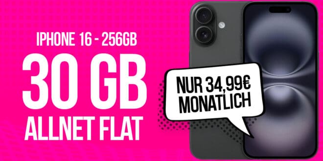 iPhone 16 -256GB- für einmalig 49 Euro mit 30GB Allnet Flat und 50 Euro Wechselbonus nur 34.99 Euro monatlich