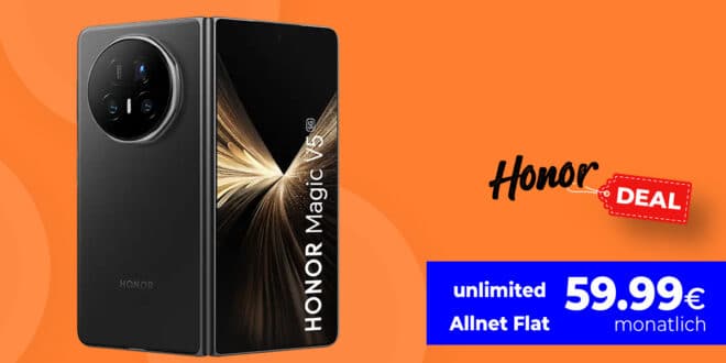 Honor Magic V5 mit o2 unlimited Allnet Flat und 100 Euro Wechselbonus für 59.99 Euro monatlich