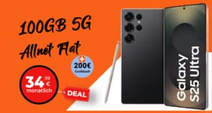 Samsung Galaxy S25 Ultra für einmalig 185 Euro mit 100GB Allnet Flat und 200 Euro Cashback nur 34.99 Euro monatlich