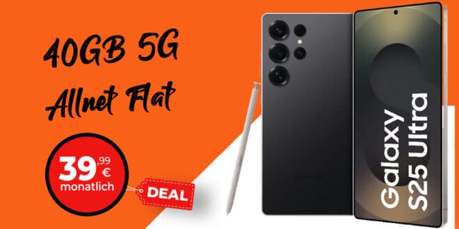 Samsung Galaxy S25 Ultra für einmalig 99 Euro mit 40GB Telekom Allnet Flat und 50 Euro Wechselbonus nur 39.99 Euro monatlich