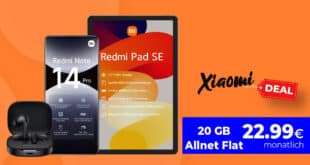 Xiaomi Redmi Note 14 Pro 5G & Redmi Pad SE Tablet & Redmi Buds 6 mit 20GB Allnet Flat nur 22.99 Euro monatlich – 30GB nur 23.99 Euro