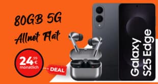 Samsung Galaxy S25 Edge & Buds 3 Pro für einmalig 49 Euro mit 80GB Allnet Flat nur 24.99 Euro monatlich