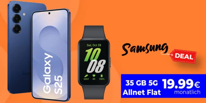Samsung Galaxy S25 & Galaxy Fit3 für einmalig 29 Euro mit 35GB Allnet Flat nur 19.99 Euro monatlich