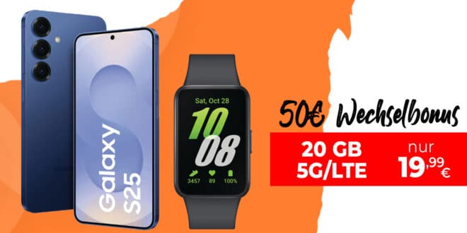 Samsung Galaxy S25 & Galaxy Fit3 für einmalig 29 Euro mit 20GB Allnet Flat und 50 Euro Wechselbonus nur 19.99 Euro monatlich