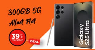 Samsung Galaxy S25 Ultra für einmalig 99 Euro mit 300GB Allnet Flat und 100 Euro Wechselbonus nur 39.99 Euro monatlich