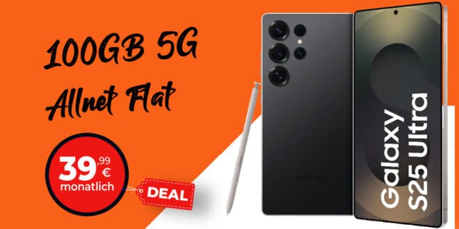 Samsung Galaxy S25 Ultra für einmalig 99 Euro mit 100GB Allnet Flat und 50 Euro Wechselbonus nur 39.99 Euro monatlich