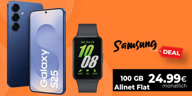 Samsung Galaxy S25 -256GB- & Galaxy Fit3 für einmalig 79 Euro mit 100GB Allnet Flat und 50 Euro Wechselbonus nur 24.99 Euro monatlich