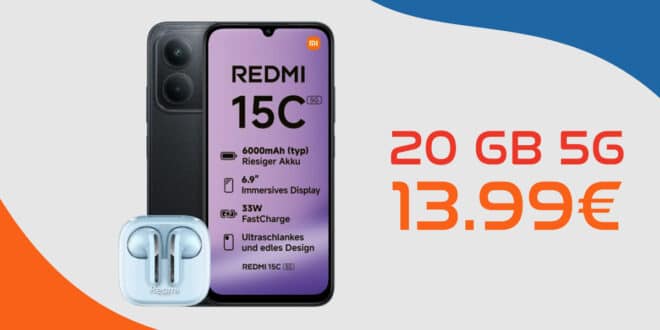 Xiaomi Redmi 15C & Redmi Buds 6 Active mit 20GB Allnet Flat nur 13.99 Euro monatlich