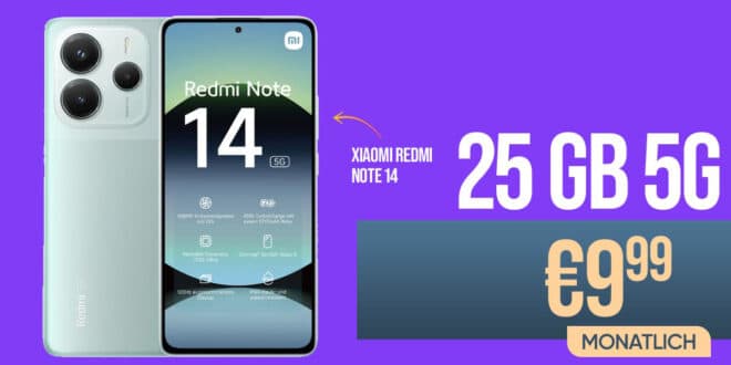 Xiaomi Redmi Note 14 5G mit 25GB Allnet Flat und 30 Euro Wechselbonus bei Rufnummernmitnahme nur 9.99 Euro monatlich