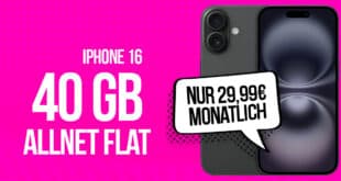 iPhone 16 für einmalig 179 Euro mit 40GB Allnet Flat und 150 Euro Wechselbonus nur 29.99 Euro monatlich