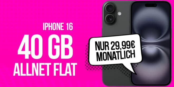 iPhone 16 für einmalig 179 Euro mit 40GB Allnet Flat und 150 Euro Wechselbonus nur 29.99 Euro monatlich