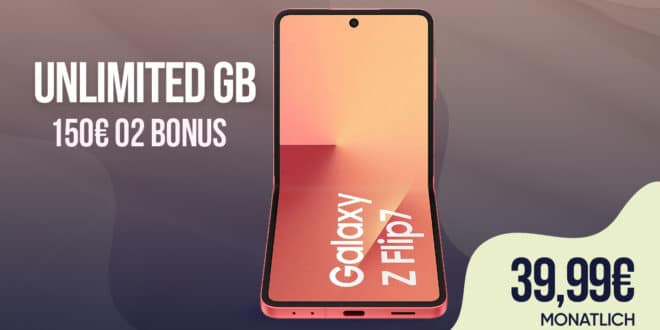 Samsung Galaxy Z Flip7 für 309.99 Euro mit unlimited Allnet Flat und 150 Euro Bonus für 39.99 Euro monatlich