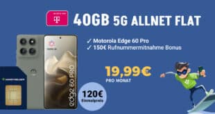 Motorola Edge 60 Pro 512GB für einmalig 120 Euro mit 40GB Allnet Flat und 150 Euro Wechselbonus nur 19.99 Euro monatlich