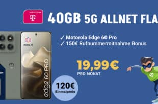 Motorola Edge 60 Pro 512GB für einmalig 120 Euro mit 40GB Allnet Flat und 150 Euro Wechselbonus nur 19.99 Euro monatlich