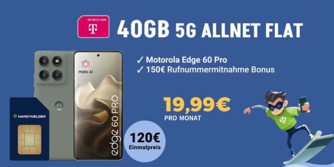 Motorola Edge 60 Pro 512GB für einmalig 120 Euro mit 40GB Allnet Flat und 150 Euro Wechselbonus nur 19.99 Euro monatlich