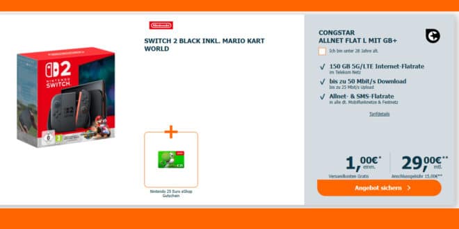 Nintendo Switch 2 inkl. Mario Kart World & Nintendo 25 Euro eShop Gutschein mit 150GB Allnet Flat für 29 Euro monatlich