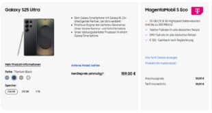 Samsung Galaxy S25 Ultra für einmalig 159 Euro mit 30GB Allnet Flat und 120 Euro Cashback nur 39.95 Euro monatlich - MagentaEINS möglich