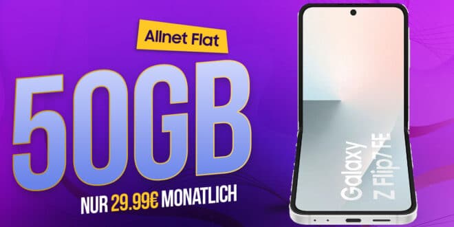 Samsung Galaxy Z Flip7 FE 256GB für einmalig 79 Euro mit 50GB Allnet Flat und 50 Euro Wechselbonus nur 29.99 Euro monatlich
