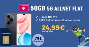 Honor 400 Pro 512GB für einmalig 79 Euro mit 50GB Allnet Flat und 150 Euro Wechselbonus nur 24.99 Euro monatlich